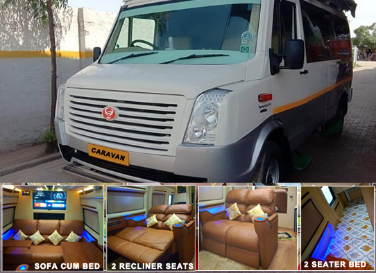 6 seater force traveller caravan with toilet washroom recliner seats sofa cum bed tv fridge on rent in delhi