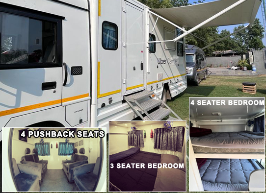 6 seater force traveller caravan with toilet washroom recliner seats sofa cum bed tv fridge on rent in delhi